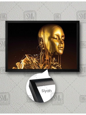SML Tablo Altın Boyalı Robot Gold Liquid Kadın Yatay Çerçeveli Kanvas Tablo
