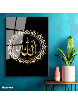 Tablofest Tamperli Cam Tablo Allah Lafzı Altın Görünümlü Motifli Dini İslami Tablo Duvar Dekoru