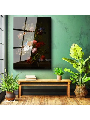 Tablofest Tamperli Cam Tablo Jan van Huysum Lale ve İris Karanlık Fonlu Çiçek Ressam Tablosu Dekoru