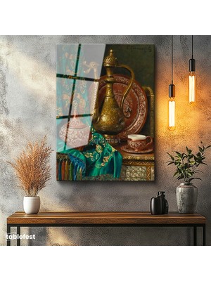 Tablofest Tamperli Cam Tablo Bakır İbrik Ve Kase Oryantalist Ressam Tablosu Duvar Dekoru