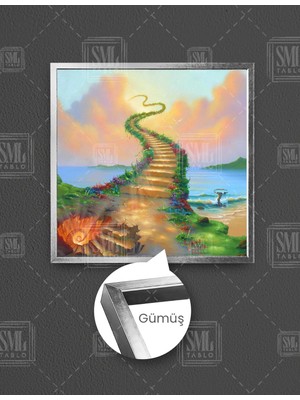 SML Tablo Gökyüzüne Giden Taş Merdiven Sürrealizm Manzara Kare Çerçeveli Kanvas Tablo