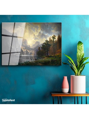 Tablofest Tamperli Cam Tablo Albert Bierstadt Yosemite Vadisi Şelale ve Göl Işık Ressam Tablosu Dekoru