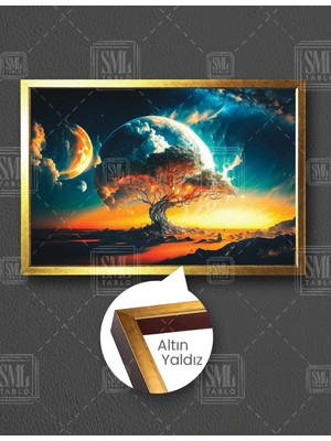 SML Tablo Hayat Ağacı Ay Gece Gökyüzü Manzarası Fırça Izleri Yatay Çerçeveli Kanvas Tablo