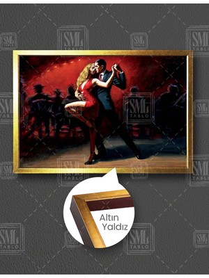 SML Tablo Tango Yapan Çift Dans Okulu Kırmızı Elbiseli Dansçı Aşk Yatay Çerçeveli Kanvas Tablo