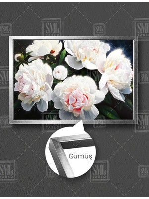 SML Tablo Beyaz Gül Demeti Doğa Çiçek Dekoratif Yatay Çerçeveli Kanvas Tablo