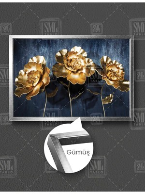 SML Tablo Gold Metalik Üç Çiçek Dekoratif Yatay Çerçeveli Kanvas Tablo