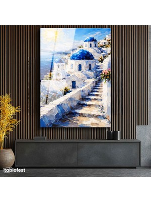 Tablofest Tamperli Cam Tablo Santorini Adası Ve Merdivenli Evler Şehir Ve Mimari Tablo Duvar Dekoru