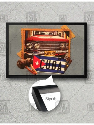 SML Tablo Küba Plakası Kırmızı Nostaljik Araba Havana Müzik Aleti Yatay Çerçeveli Kanvas Tablo