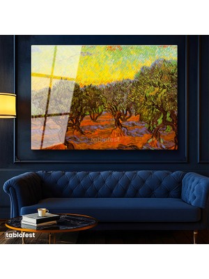 Tablofest Tamperli Cam Tablo Vincent van Gogh Zeytin Ağaçları Tarlası Ressam Tablosu Dekoru