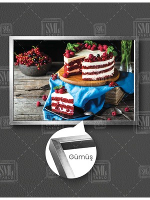 SML Tablo Böğürtlenli Pasta Velvet Cake Pastane Yatay Çerçeveli Kanvas Tablo