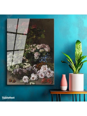 Tablofest Tamperli Cam Tablo Claude Monet Sepetli Çiçekler Canlı Renkler Ressam Tablosu Dekoru
