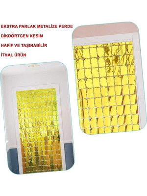 Ekstra Metalize Altın Renk Disko Dikdörtgen Kesim Kapı Perdesi Dekorasyon 1x2 Metre