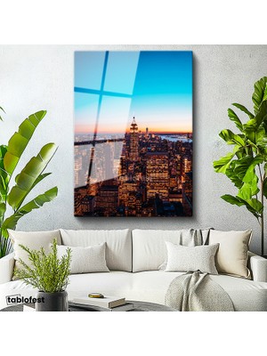 Tablofest Tamperli Cam Tablo New York Empire State Gece Manzarası Şehir Mimari Tablo Duvar Dekoru