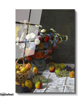 Tablofest Tamperli Cam Tablo Claude Monet Meyveler ve Çiçekler Sepetli Natürmort Ressam Tablosu Dekoru