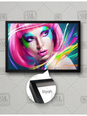 SML Tablo Pembe Saçlı Neon Makyajlı Kadın Neon Make Up Kuaför Dekorasyon Yatay Çerçeveli Kanvas Tablo