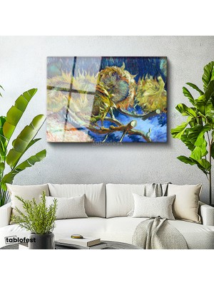 Tablofest Tamperli Cam Tablo Vincent van Gogh Kurumuş Ayçiçekleri Mavi Zemin Ressam Tablosu Dekoru