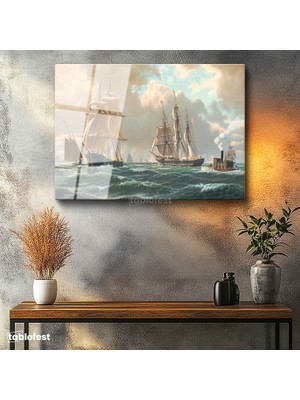 Tablofest Tamperli Cam Tablo John Stobart Denizde Yelkenliler Buharlı Ressam Tablosu Duvar Dekoru