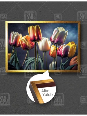 SML Tablo Beyaz ve Turuncu Laleler Çiçek Bahçesi Flower Yatay Çerçeveli Kanvas Tablo