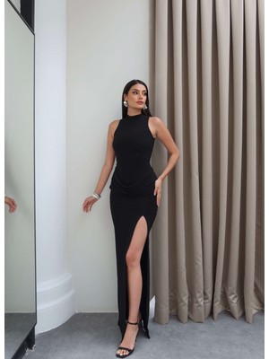 Esra Helvacı Halter Yaka Bel Drape Yırtmaçlı Elbise