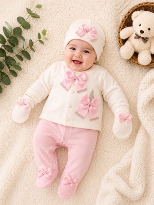 Waffle Baby 0-3 Ay Bebek Tulum Takımı Eldiven Şapkalı