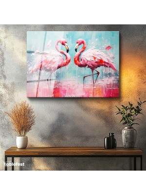 Tablofest Tamperli Cam Tablo Yağlı Boya Dokulu Sanatsal Flamingo Tablosu Duvar Dekoru