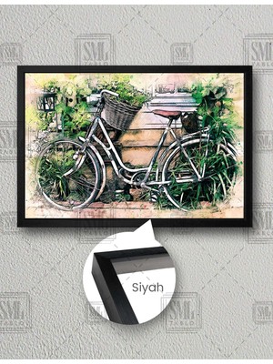 SML Tablo Nostalji Beyaz Bisiklet Vintage Dekoratif Yatay Çerçeveli Kanvas Tablo