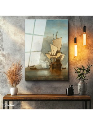 Tablofest Tamperli Cam Tablo Willem Velde Savaş Gemisi Deniz Manzarası Ressam Tablosu Duvar Dekoru