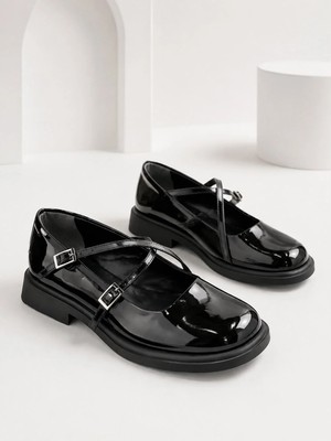 Dabab Shoes Marsel Kadın Siyah Rugan Çapraz Bantlı Tokalı 2 cm Kalın Taban Mary Jane Ayakkabı