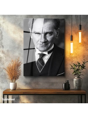 Tablofest Tamperli Cam Tablo Atatürk Çizgili Kravat Klasik Giyim Atatürk Tablosu Duvar Dekoru