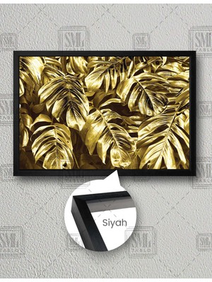 SML Tablo Altın Metalik Yapraklar Gold Leafs Dekor Yatay Çerçeveli Kanvas Tablo