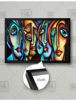 SML Tablo Yanyana Dizilmiş Soyut Yüzler Soyut Sanat Dekoratif Yatay Çerçeveli Kanvas Tablo