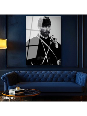 Tablofest Tamperli Cam Tablo Atatürk Sakallı Kalpaklı Nadir Portre Atatürk Tablosu Duvar Dekoru