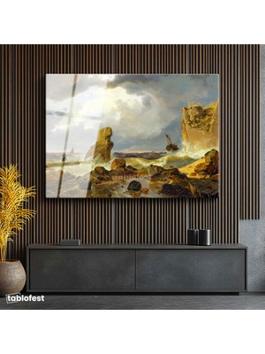 Tablofest Tamperli Cam Tablo C.D. Friedrich Batık Gemi Fırtınalı Deniz Kayalık Ressam Tablosu Dekoru
