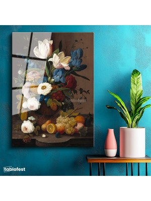 Tablofest Tamperli Cam Tablo Severin Roesen Lale ve Meyve Tabağı Beyaz Gül Ressam Tablosu Duvar Dekoru