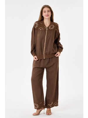 Della Moor Cioccolato Italyan Ceketi ve Pantolonu Pullu Keten Takım 2605XA46 - 11704-2437