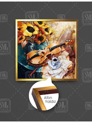 SML Tablo Masa Üstünde Keman Kahve Müzik Art Soyut Kare Çerçeveli Kanvas Tablo