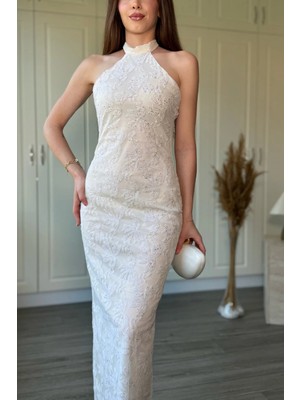 Dilay Gökoğlu Butik Boyun Bağlamalı Jakarlı Tül Midi Beyaz Elbise