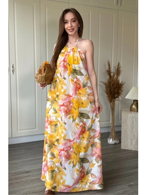 Dilay Gökoğlu Butik Boyundan Bağlamalı Çiçek Desenli Uzun Elbise