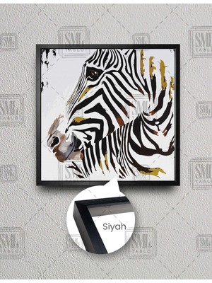 SML Tablo Zebra Kafası Siyah Beyaz Gold Dekor Art Hayvan Kare Çerçeveli Kanvas Tablo