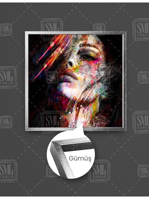 SML Tablo Grafiti Detaylı Çizgili Renkli Kadın Portresi Kare Çerçeveli Kanvas Tablo