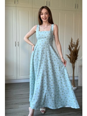 Dilay Gökoğlu Butik Çiçekli Kare Yaka Arkası Fiyonk Detaylı Midi Turkuaz Elbise
