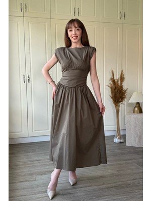 Dilay Gökoğlu Butik Vatkalı Poplin Midi Haki Elbise