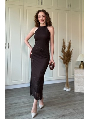 Dilay Gökoğlu Butik Halter Yaka Jakarlı Simli Midi Tül Elbise