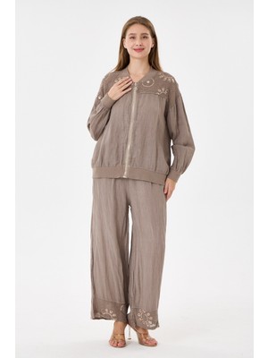 Della Moor Taupe Italyan Ceketi ve Pantolonu Pullu Keten Takım 2605XA46 - 11704-2437