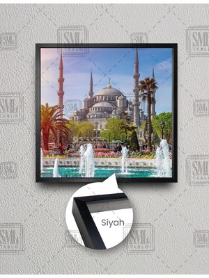 SML Tablo Ayasofya Cami Ayasofya-I Kebir Cami-I Şerifi Bahçesi Havuz Palmiyeler Kare Çerçeveli Kanvas Tablo