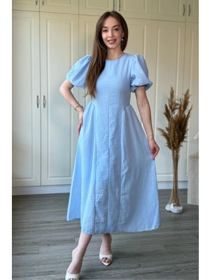 Dilay Gökoğlu Butik Müslin Kumaş Balon Kol Midi Mavi Elbise