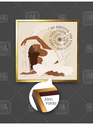 SML Tablo Yoga Yapan Kız Yogi Tipografik Motivasyon Minimal Boho Kare Çerçeveli Kanvas Tablo