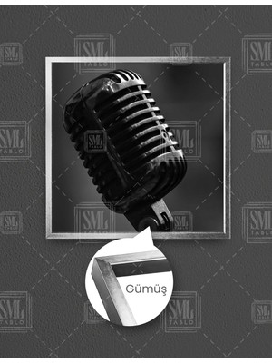 SML Tablo Siyah Gir Antika Mikrofon Müzik Sanat Nostalji Retro Dekor Kare Çerçeveli Kanvas Tablo