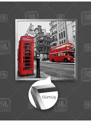 SML Tablo Kırmızı Telefon Kulubesi Otobüs Şehir Londra Manzara Kare Çerçeveli Kanvas Tablo