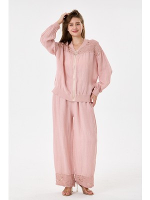 Della Moor Pink Italyan Ceketi ve Pantolonu Pullu Keten Takım 2605XA46 - 11704-2437
